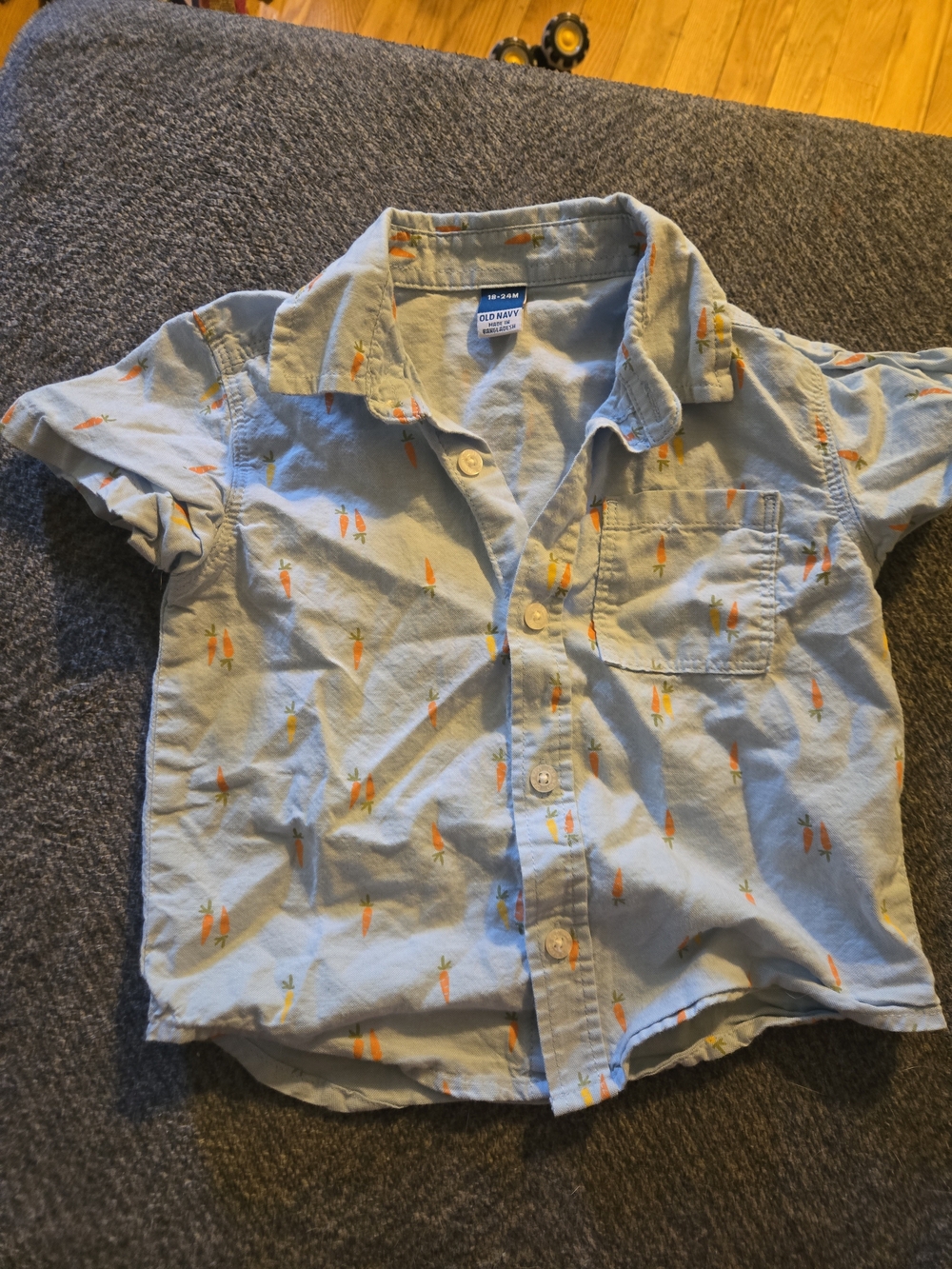 Old Navy Light Blue Short-Sleeve Button-Down Shirt with Orange Carrot Print